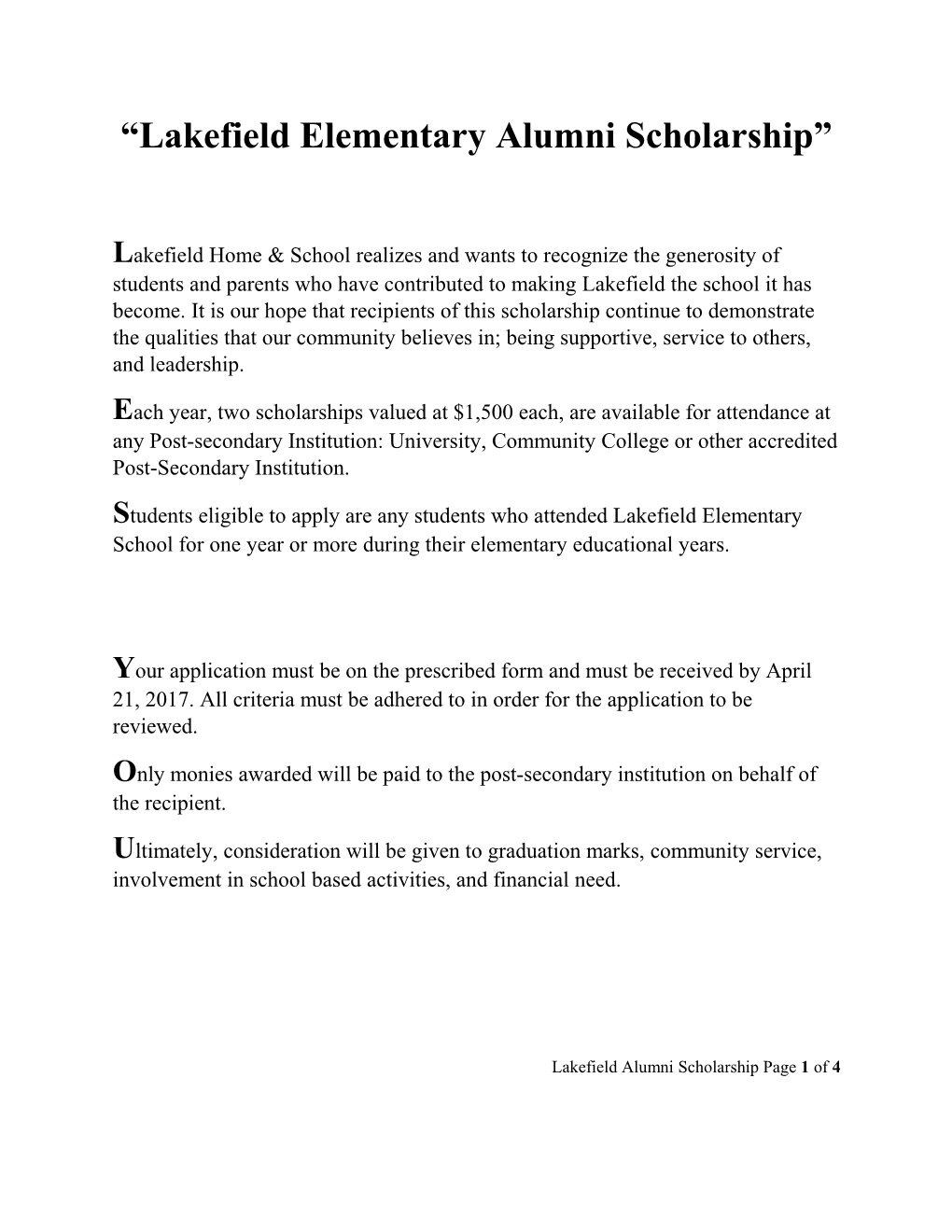 Lakefield Elementary Alumni Scholarship
