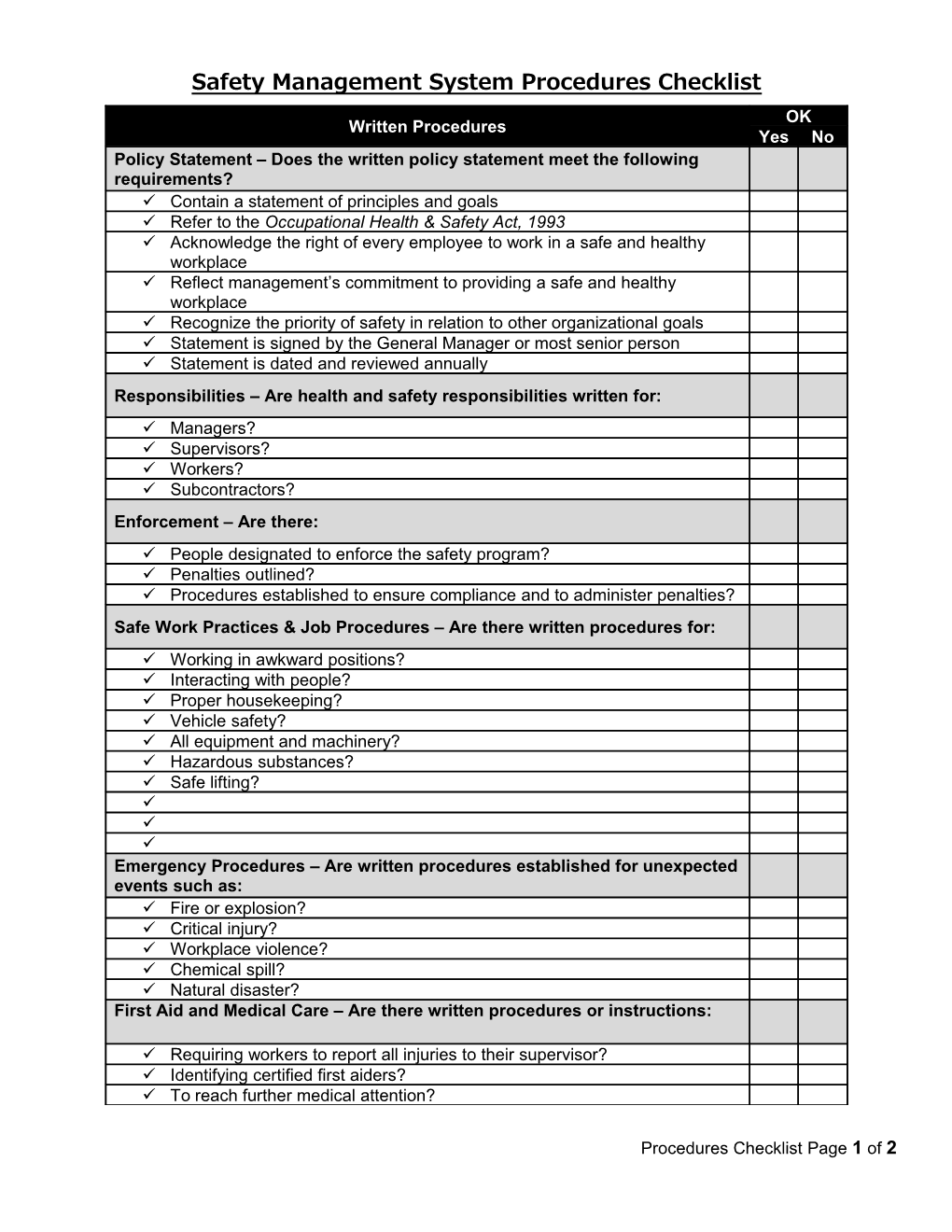 Safety Management System Procedures Checklist