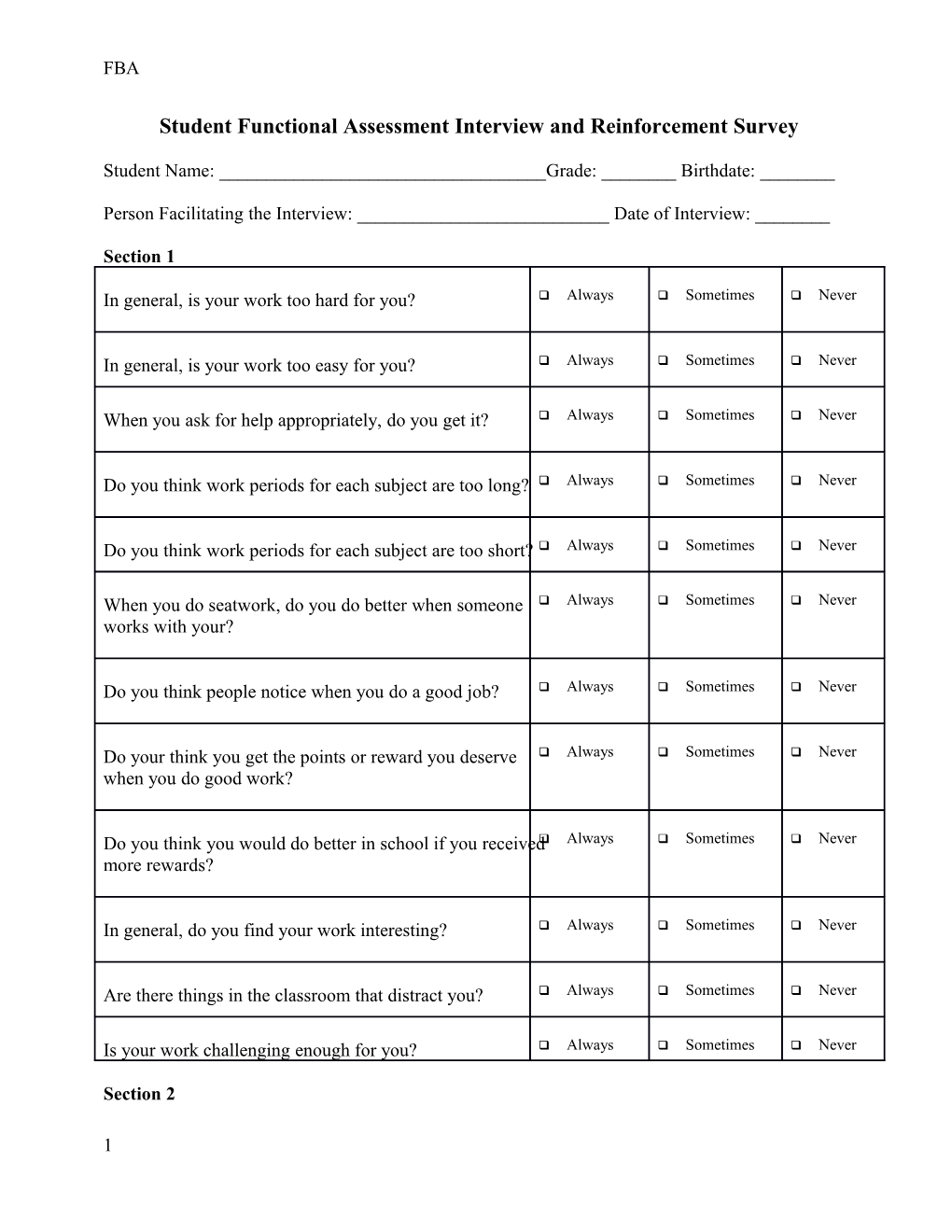 Student Functional Assessment Interview and Reinforcement Survey