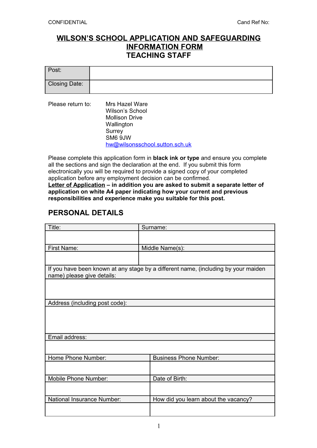 Wilson S School Application Form