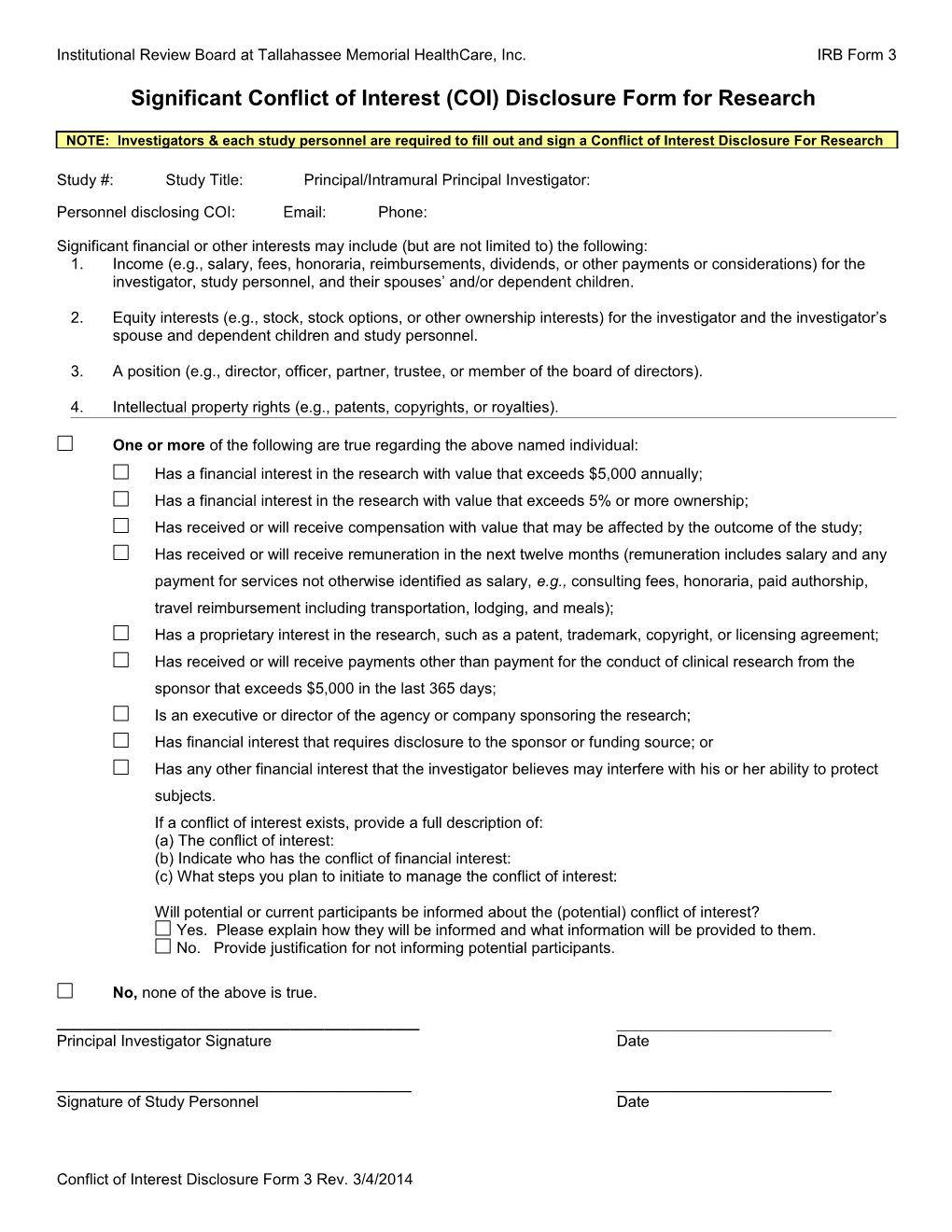 Form 3 TMH Conflict of Interest Disclosure Form for Research