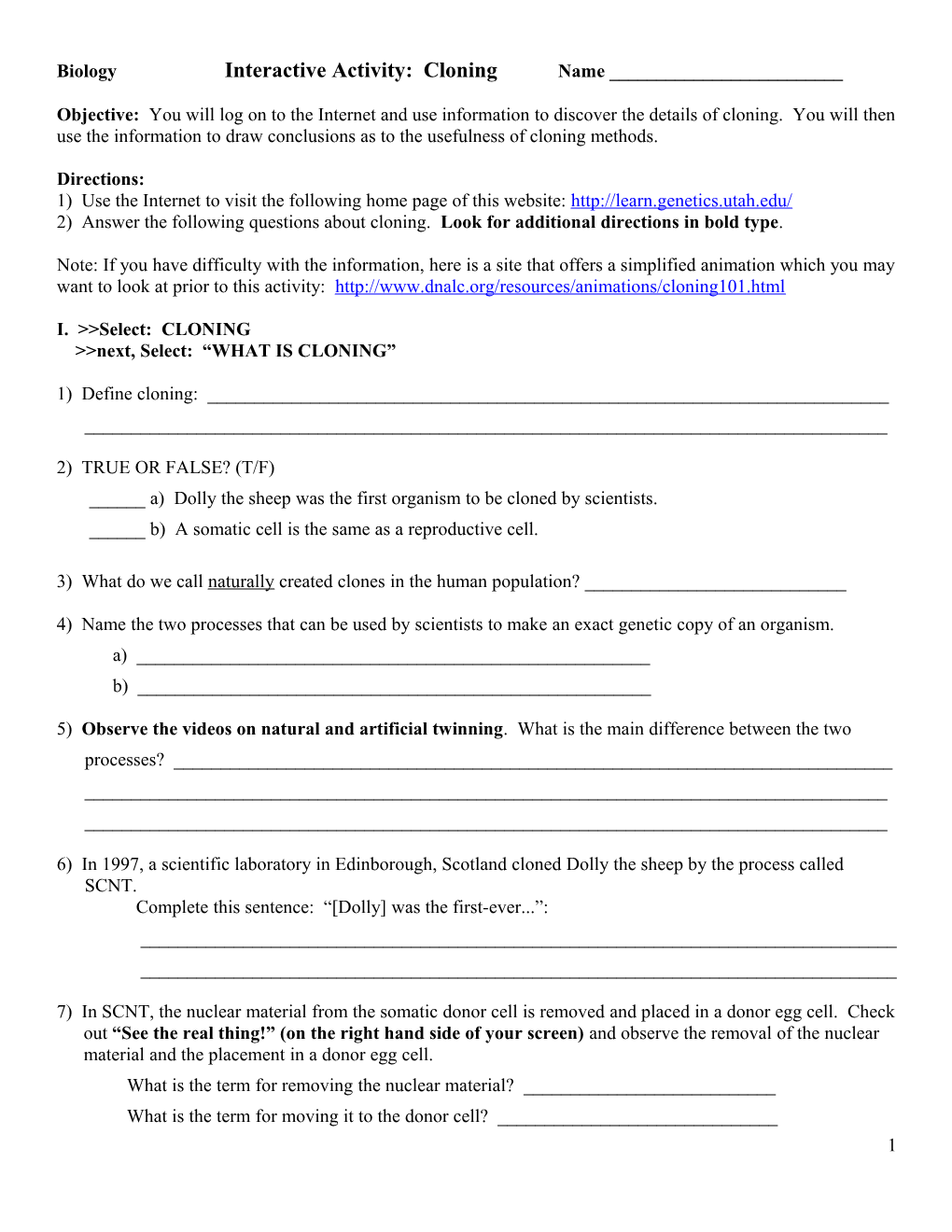 CP1 Biology Interactive Activity: Cloning Name ______