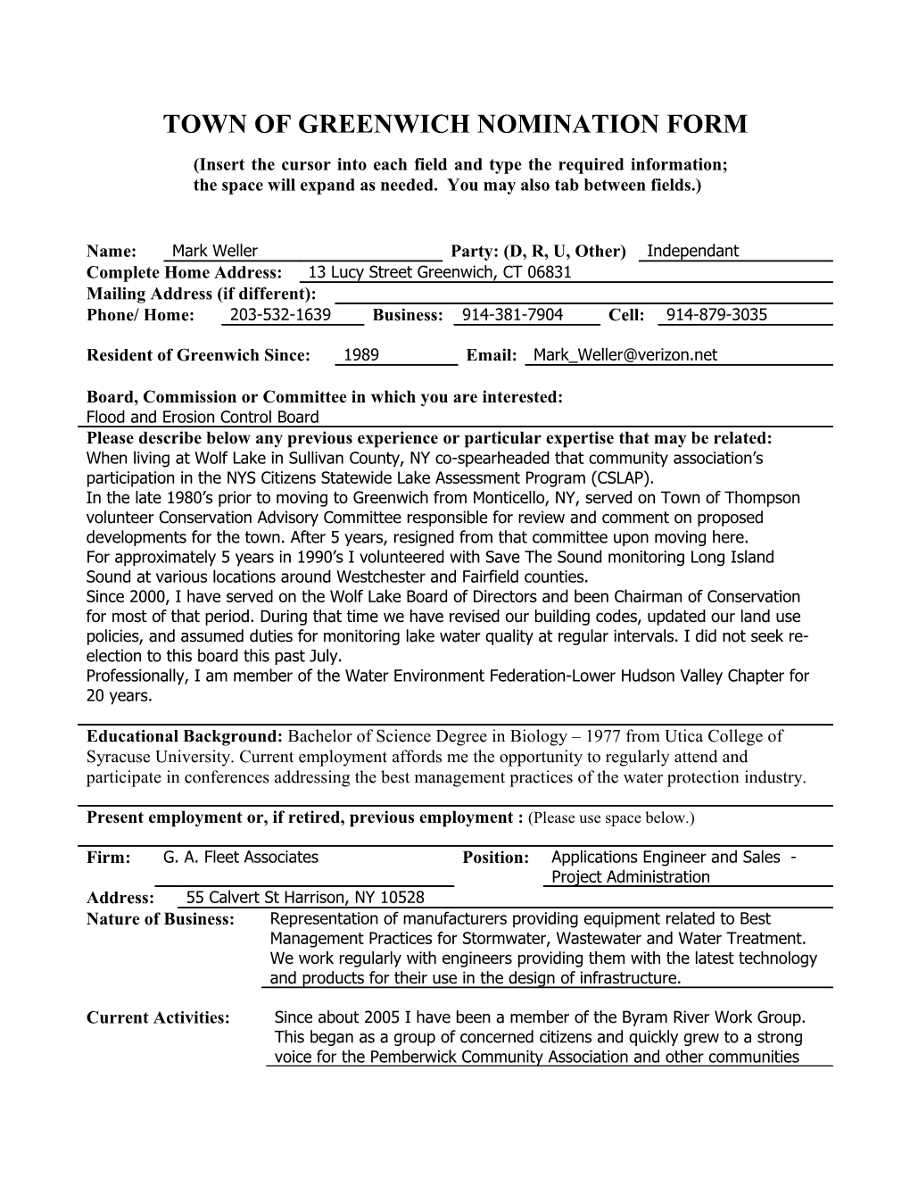 Town of Greenwich Nomination Form