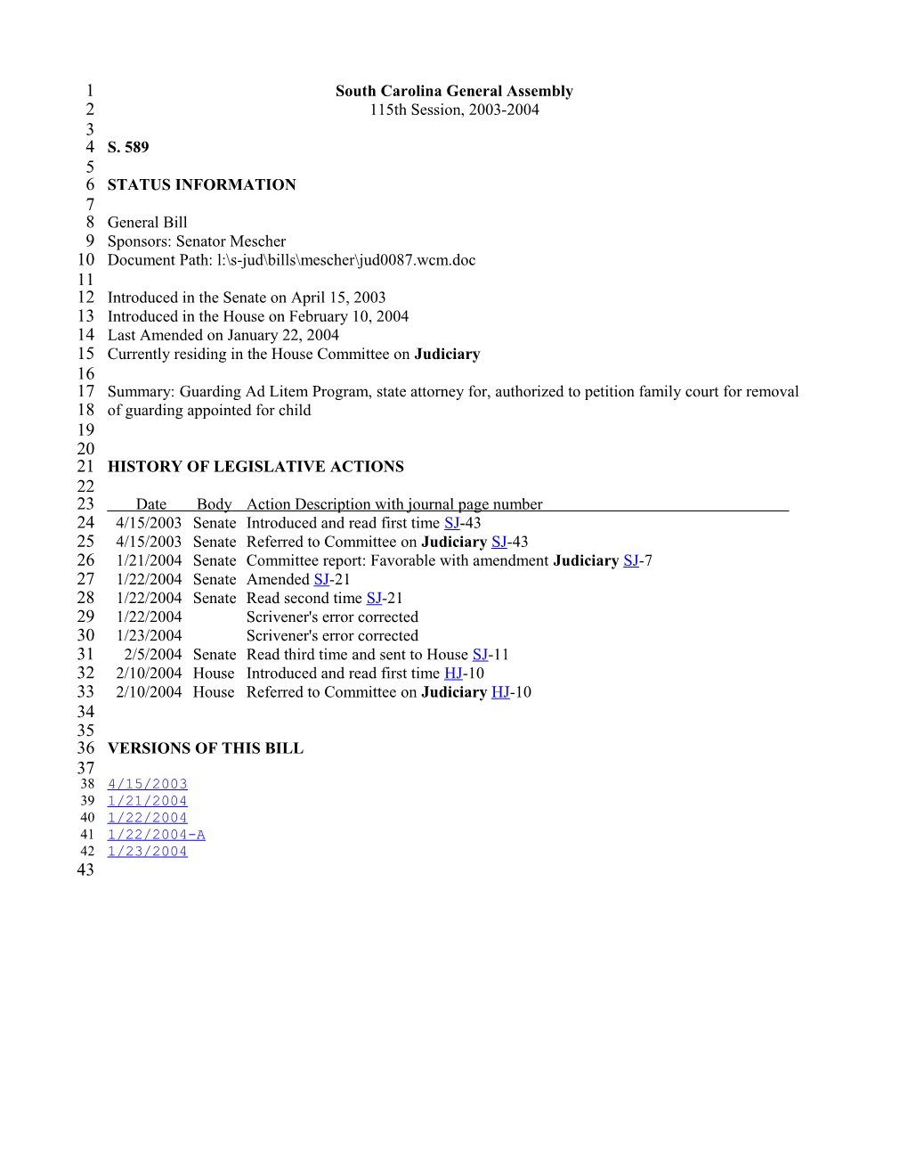 2003-2004 Bill 589: Guarding Ad Litem Program, State Attorney For, Authorized to Petition