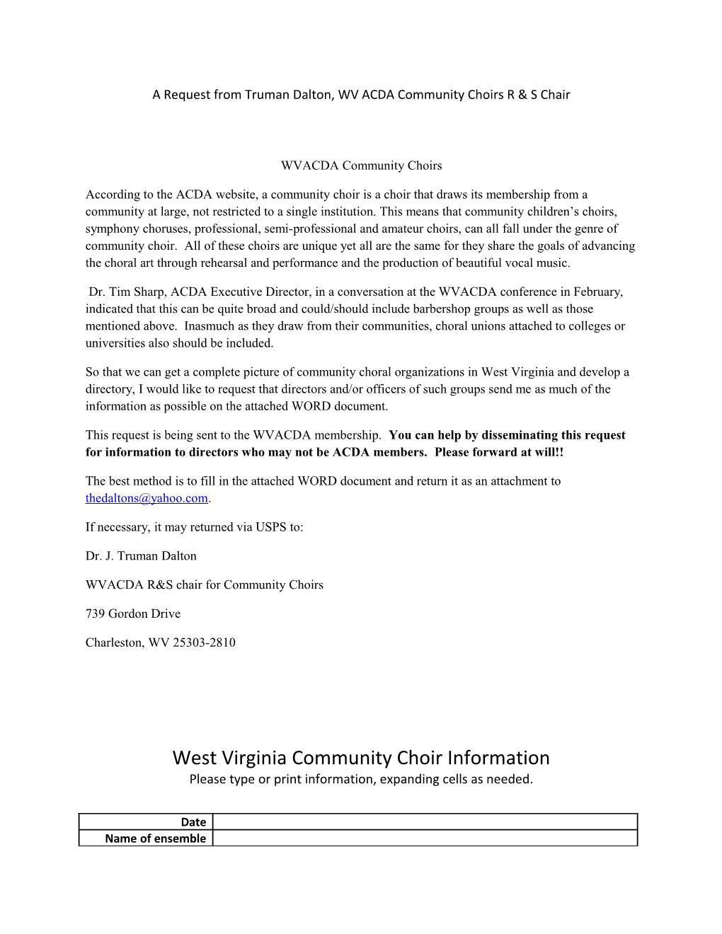 West Virginia Community Choir Information