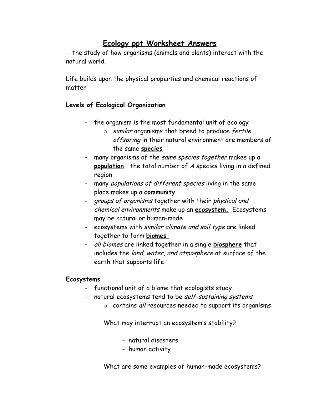 Ecology Ppt Worksheet Answers