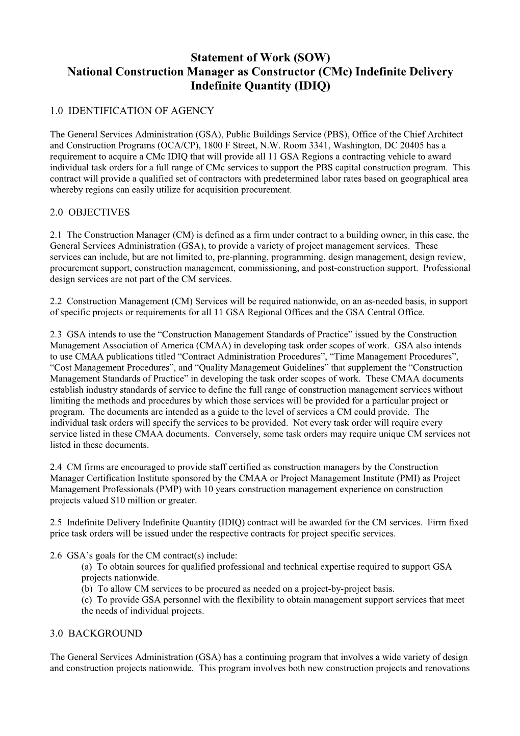 Section C Description/Specifications/Work Statement