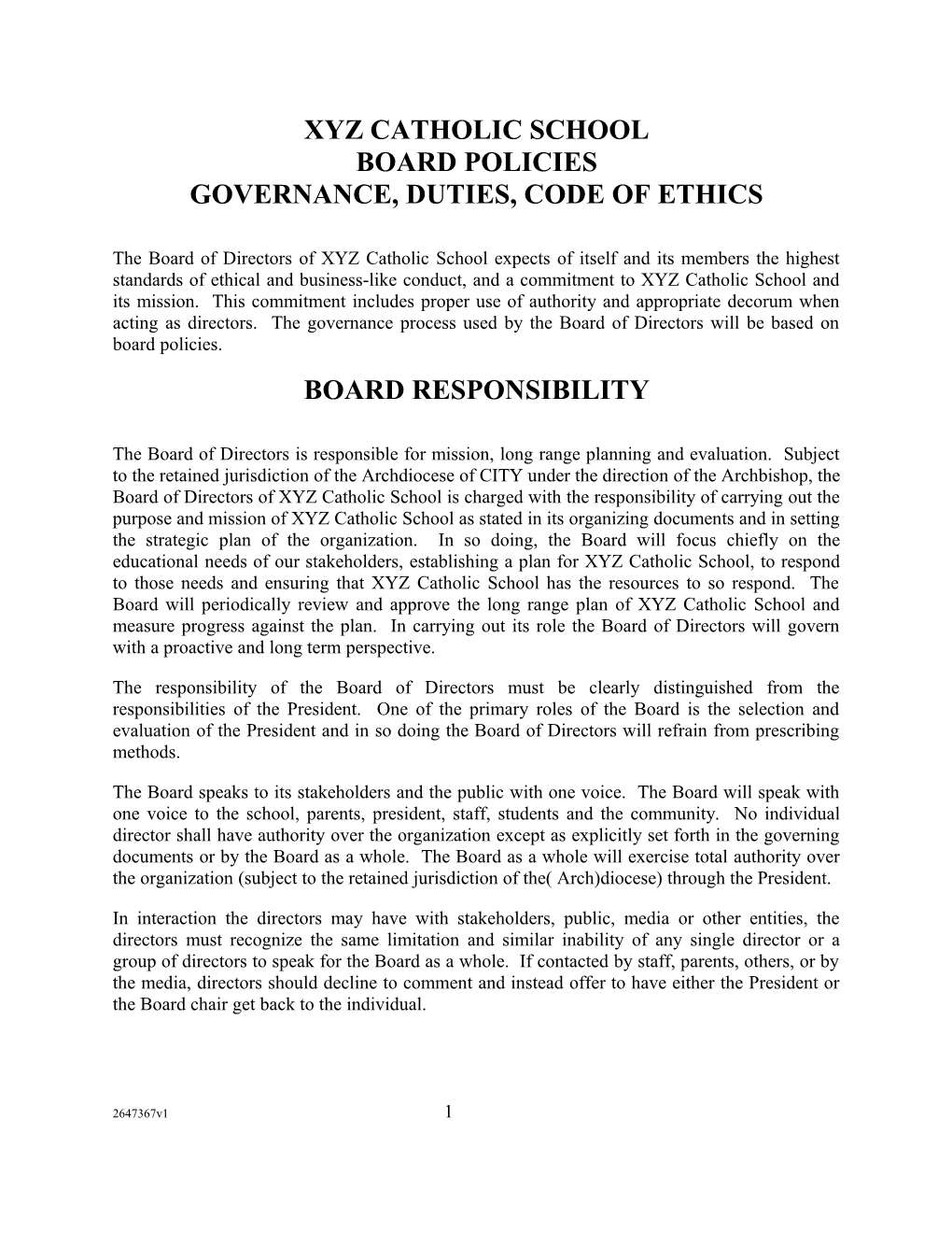 XYZ Catholic School Board Policies Governance, Duties, Code of Ethics