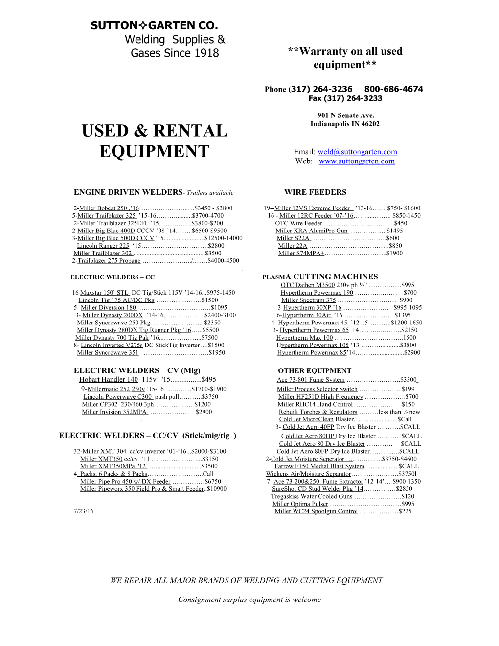 Used Equipment List