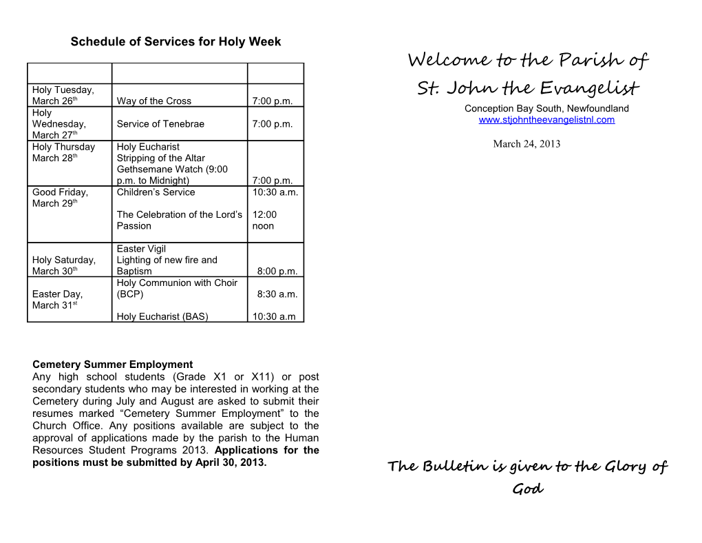 Schedule of Services for Holy Week