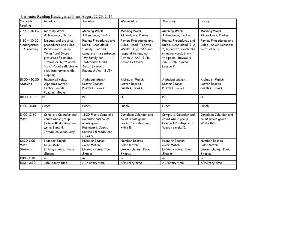 Carpenter Reading Kindergarten Plans August 22-26, 2016