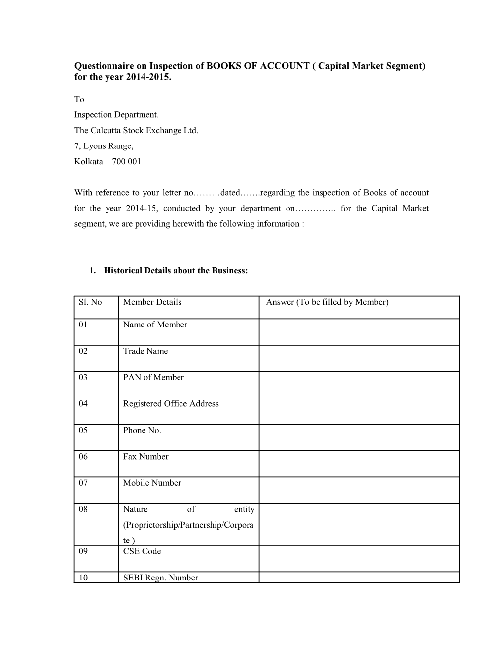 Questionnaire on Inspection of BOOKS of ACCOUNT ( Capital Market Segment) for the Year 2013-2014