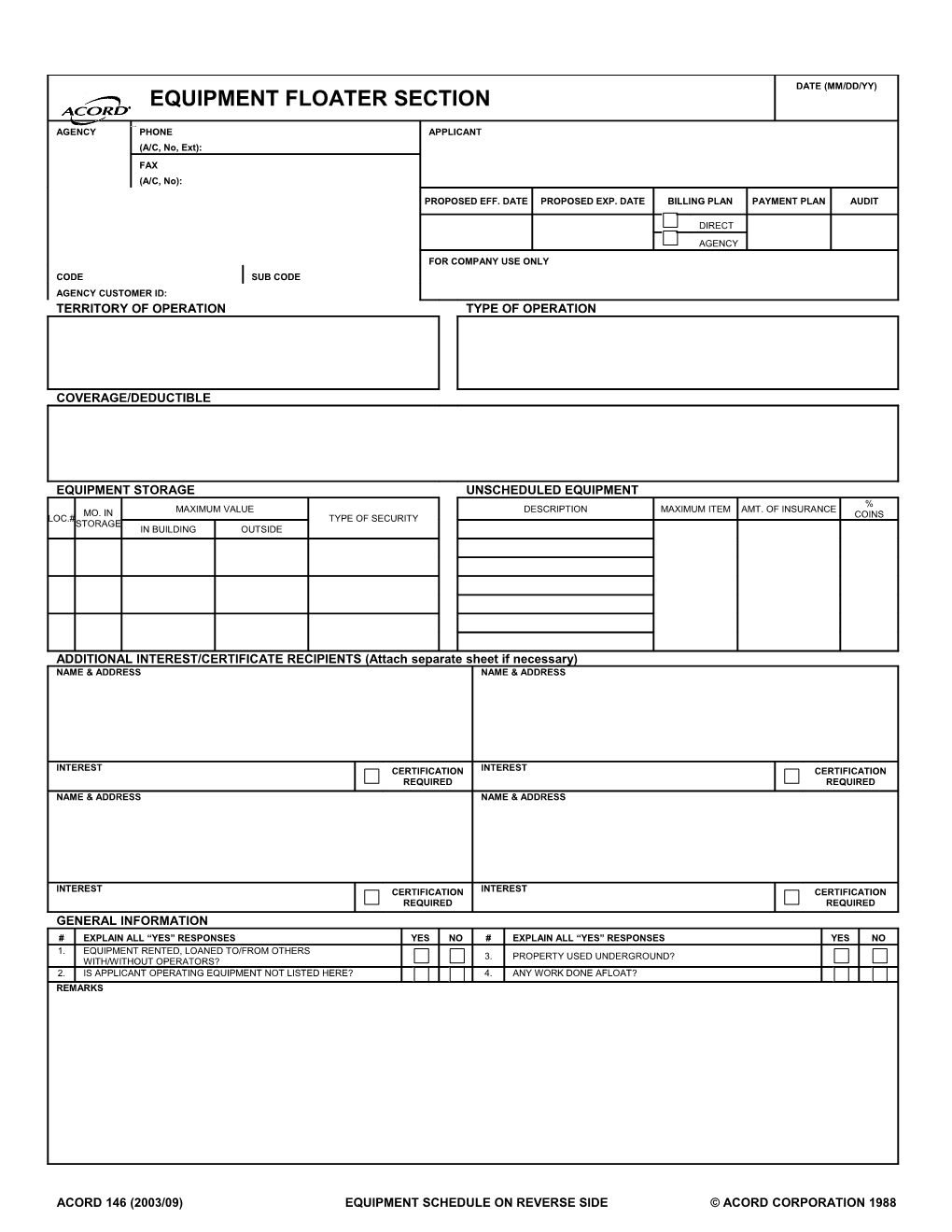 Acord 146 (2003/09) Attach to Applicant Information Section