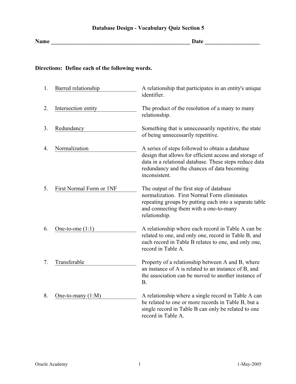 Database Design - Vocabulary Quiz Section 5