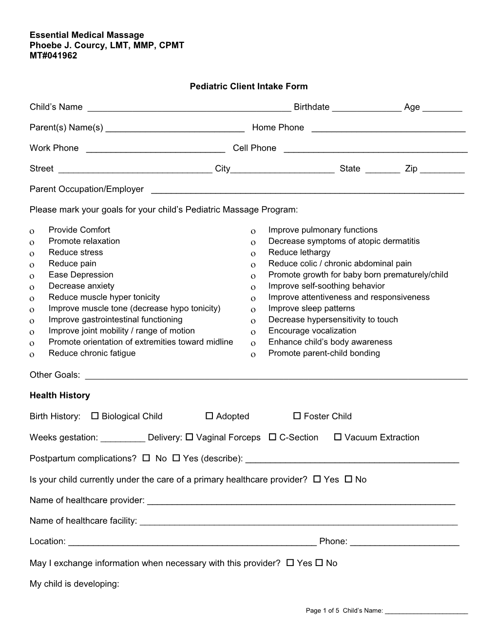 Pediatric Client Intake Form