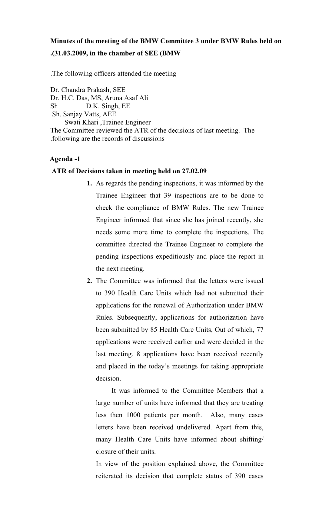 Minutes of the Meeting of the BMW Committee 3 Under BMW Rules Held on 31