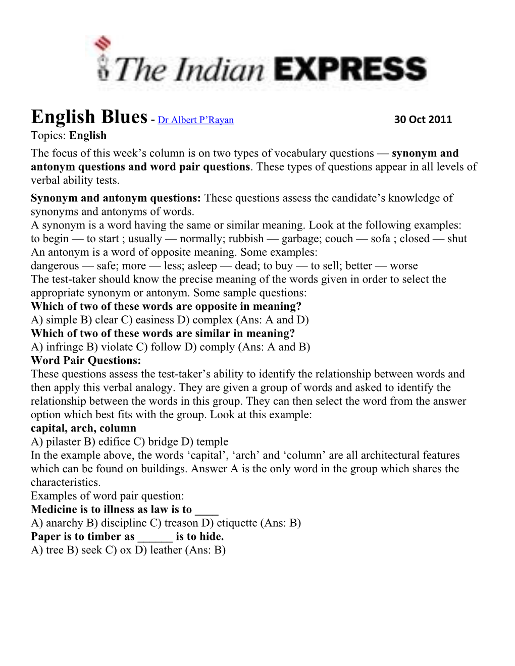 English Blues - Dr Albert P Rayan 30 Oct 2011