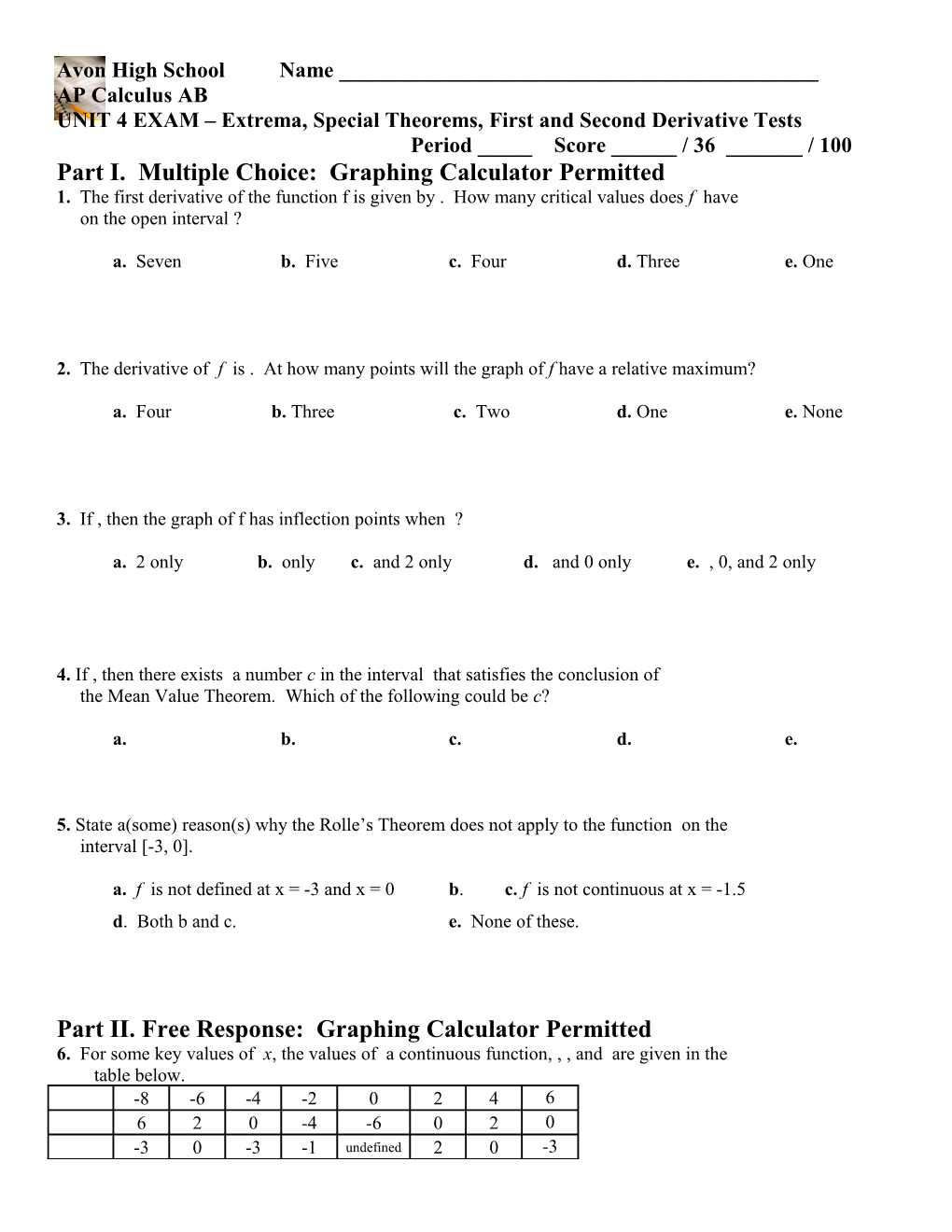 Part I. Multiple Choice: Graphing Calculator Permitted