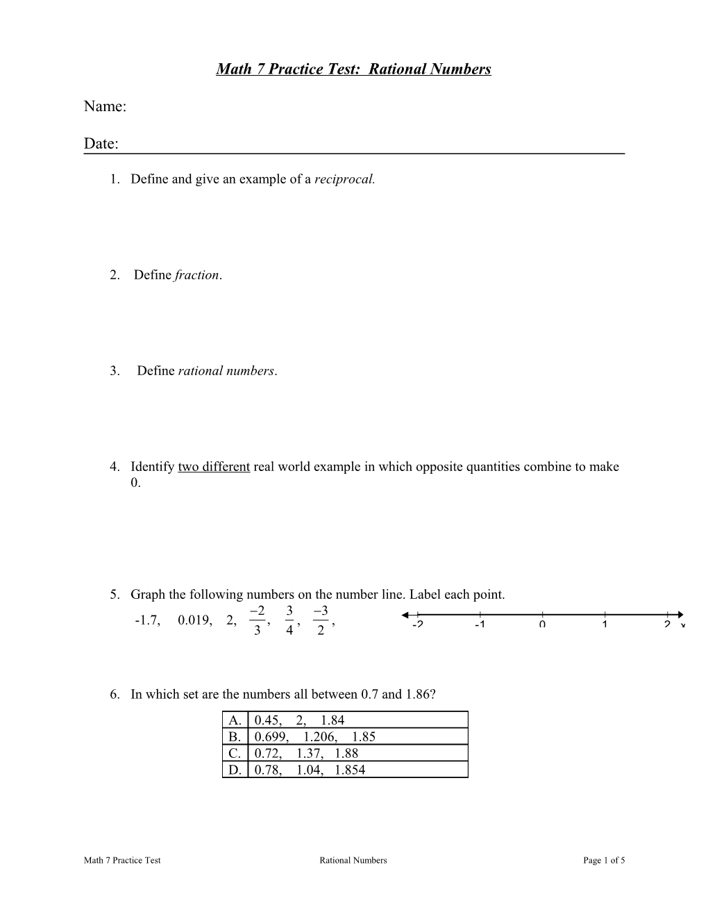 Math 7 Practice Test: Rational Numbers