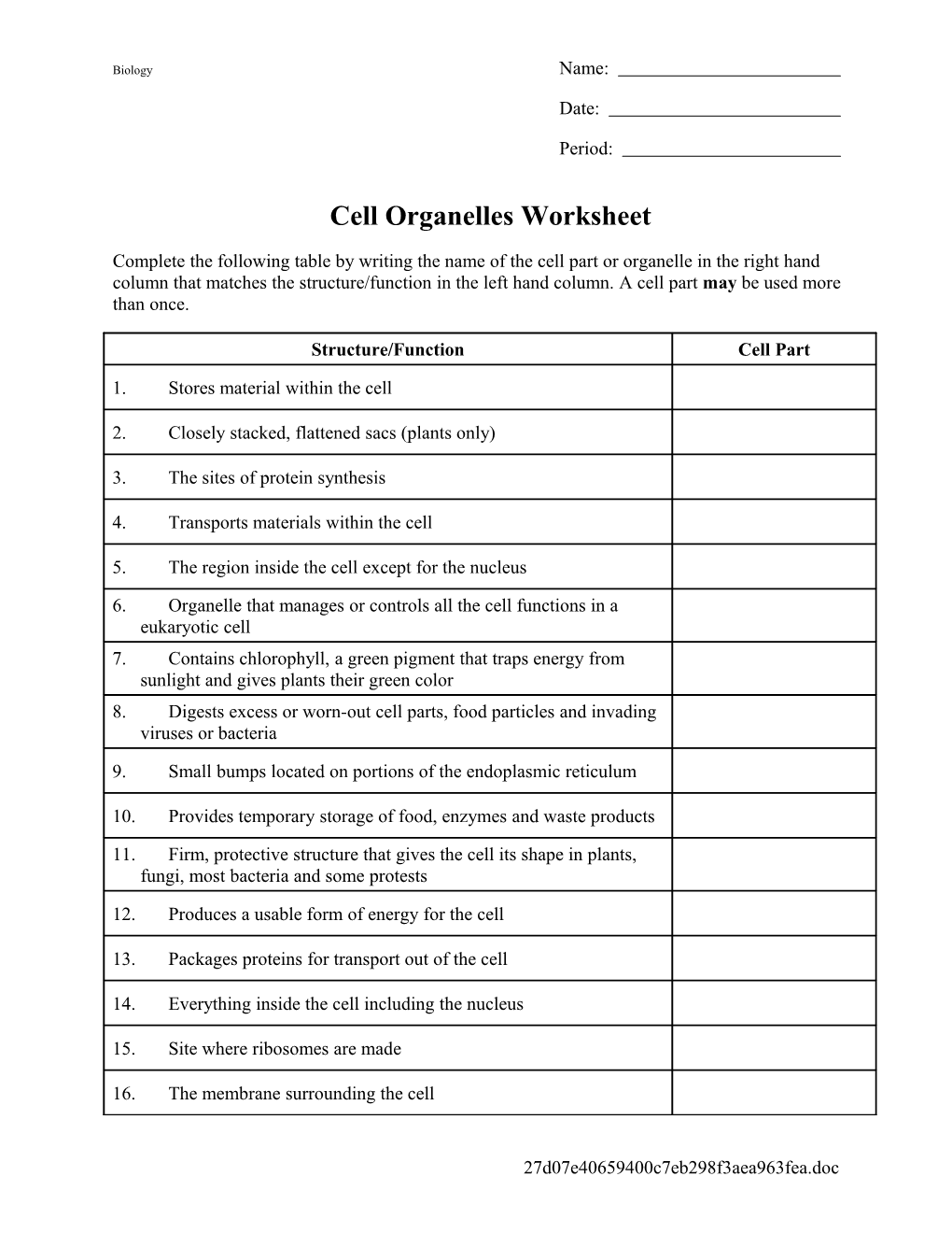 Cell Organelles Worksheet s1