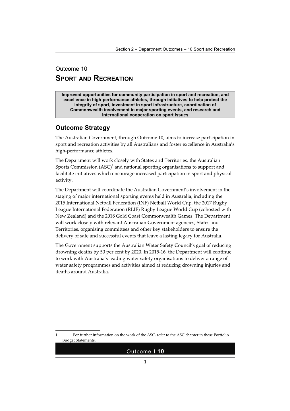 Section 2 Department Outcomes 10 Sport and Recreation