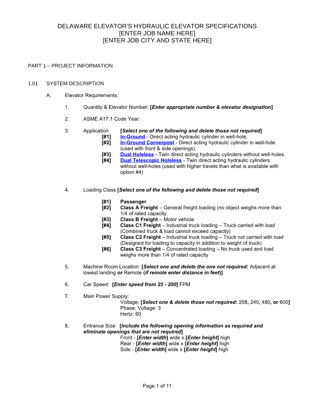 Delaware Elevator Hydraulic Elevator Specifications