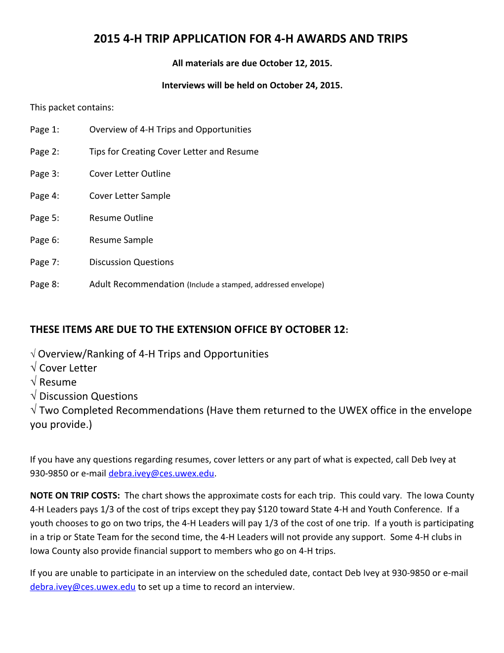 2015 4-H Trip Application for 4-H Awards and Trips