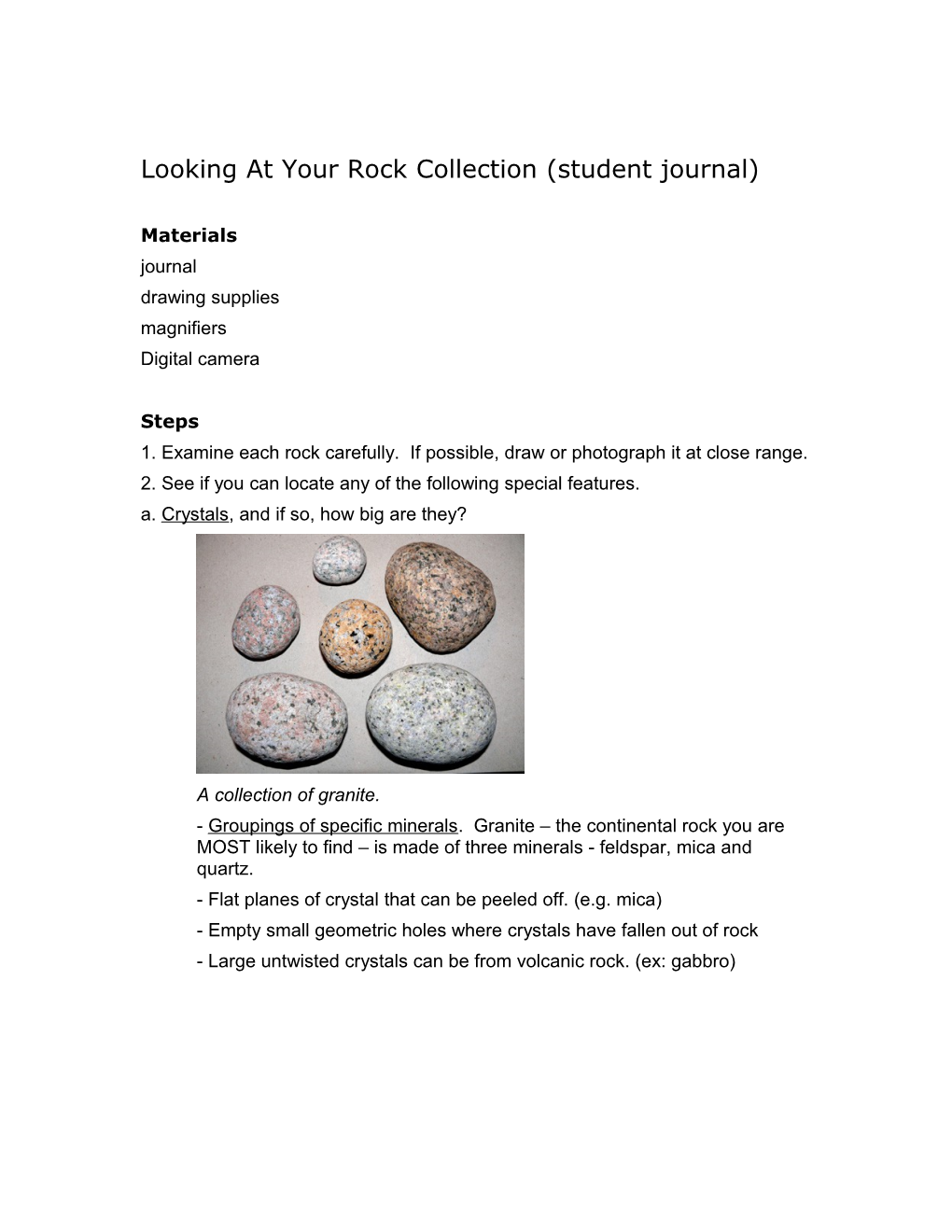 Looking at Your Rock Collection (Student Journal)