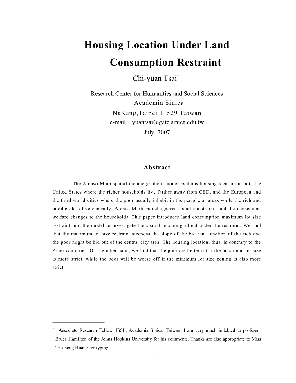 Housing Location Under Land Consumption Restraint