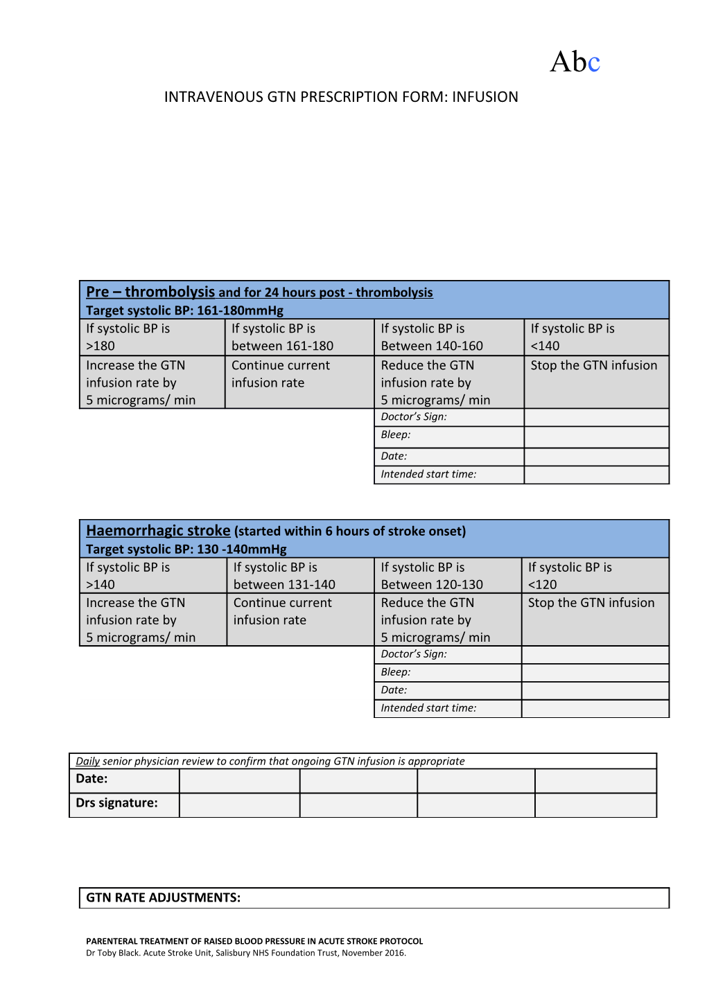 Intravenous Gtn Prescription Form: Infusion