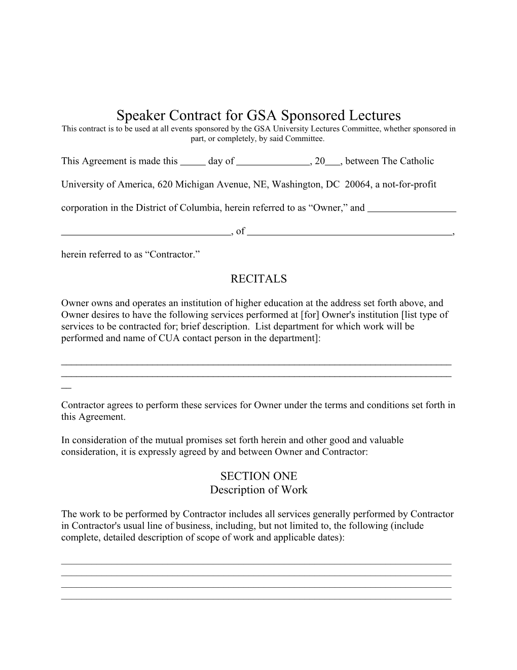 Speaker Contract for GSA Sponsored Lectures
