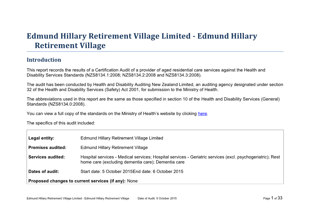 Edmund Hillary Retirement Village Limited - Edmund Hillary Retirement Village