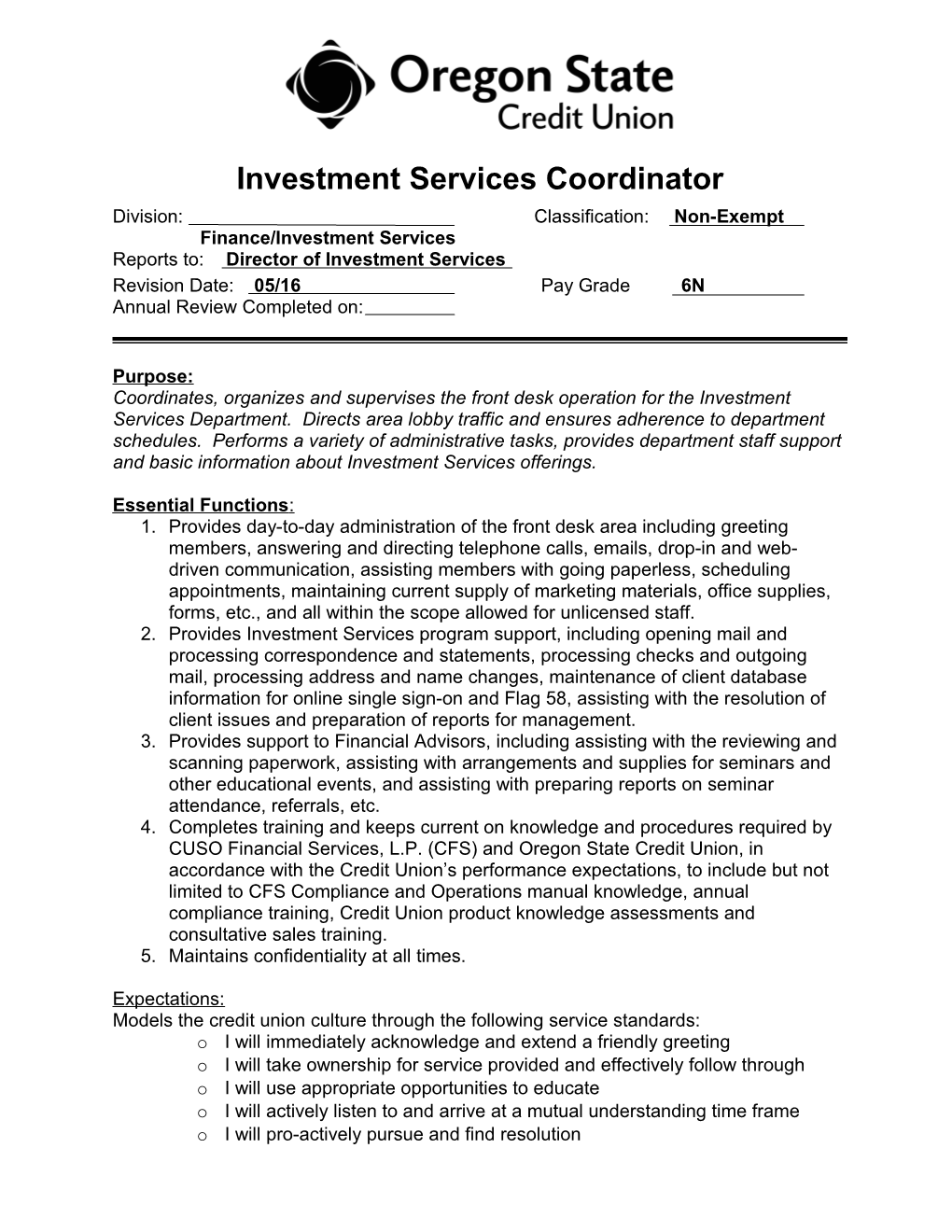 Investment Services Coordinator