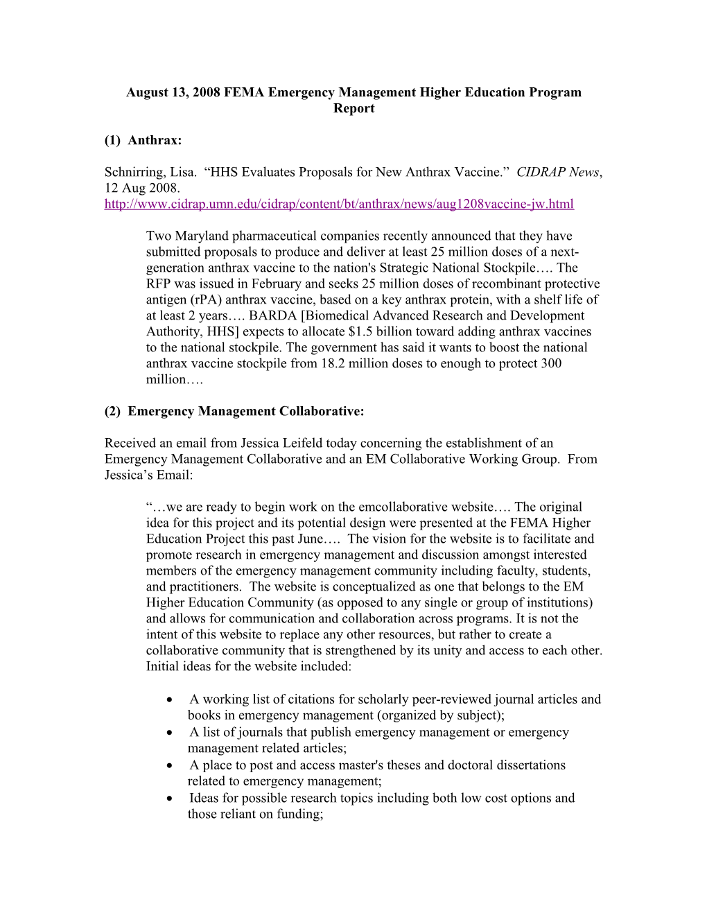 August 13, 2008 FEMA Emergency Management Higher Education Program Report