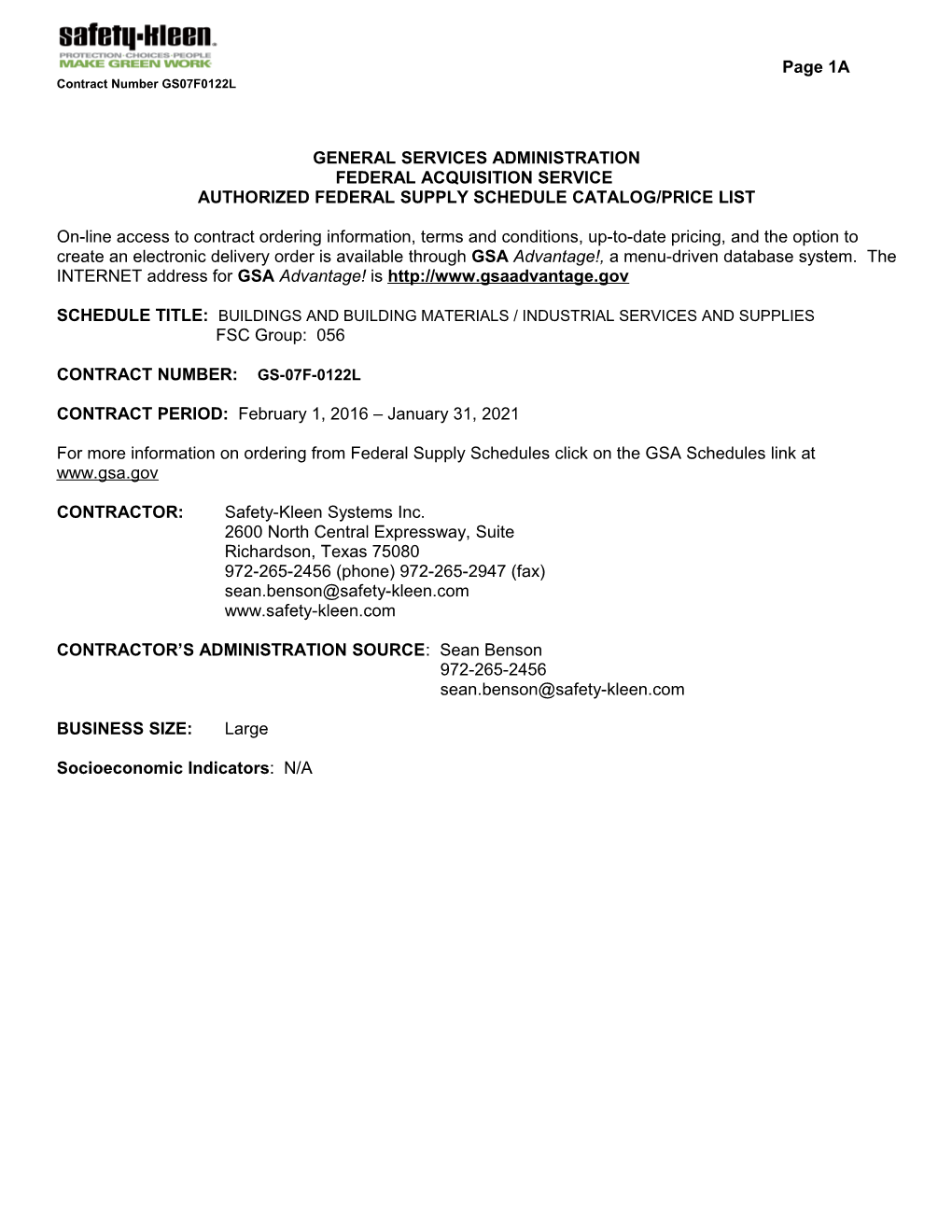 Standard Form 1449, Contract for Commercial Items (Cont D) Page 1A