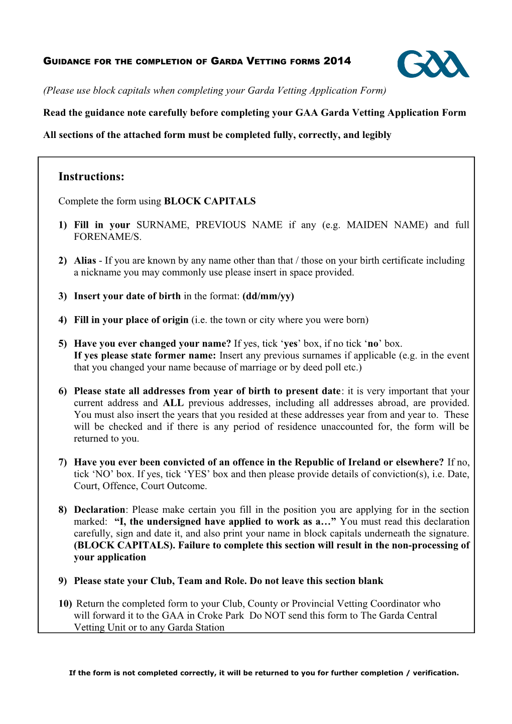 Guidance for the Completion of Garda Vetting Forms 2014