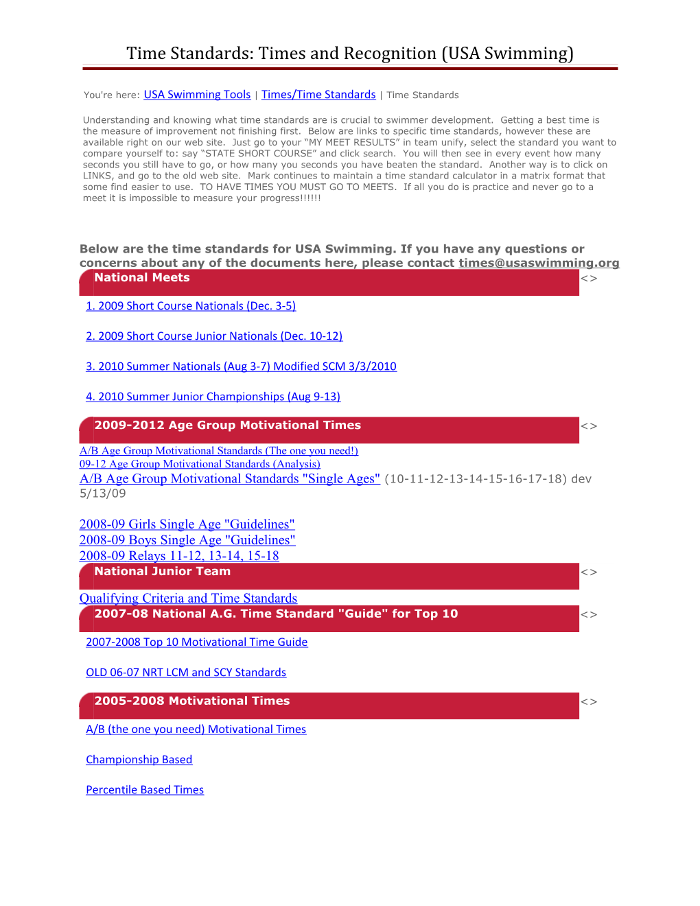 Time Standards: Times and Recognition (USA Swimming)