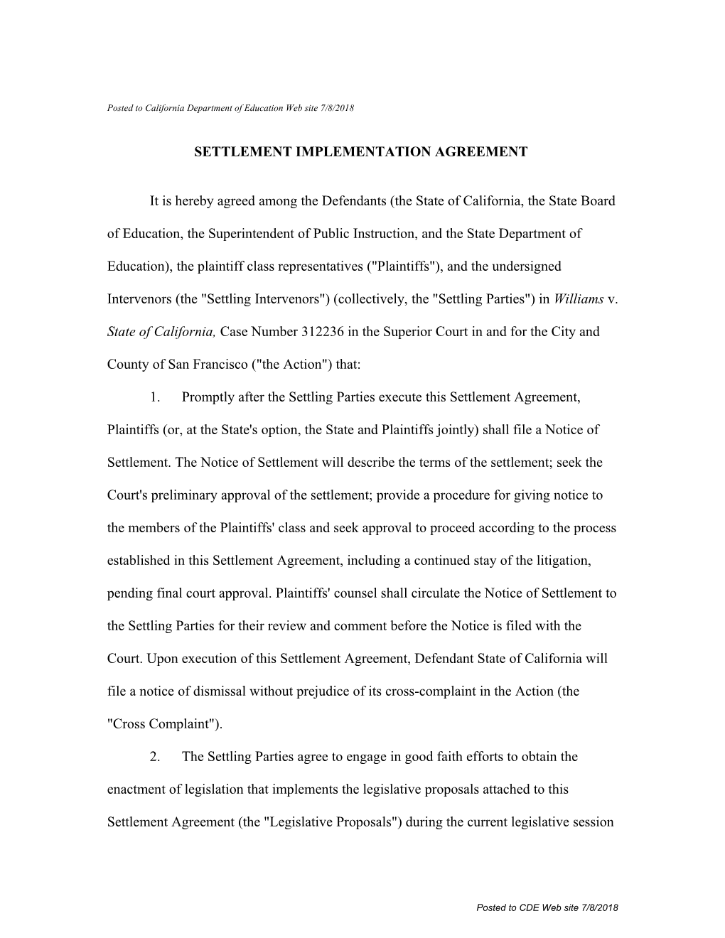 Settlement Implementation Agreement - Williams Case (CA Dept of Education)