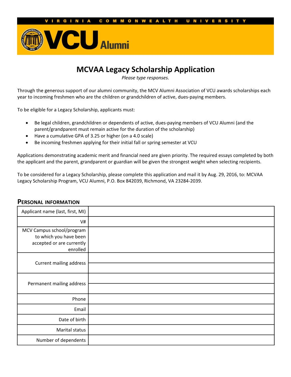 MCVAA Legacy Scholarship Application