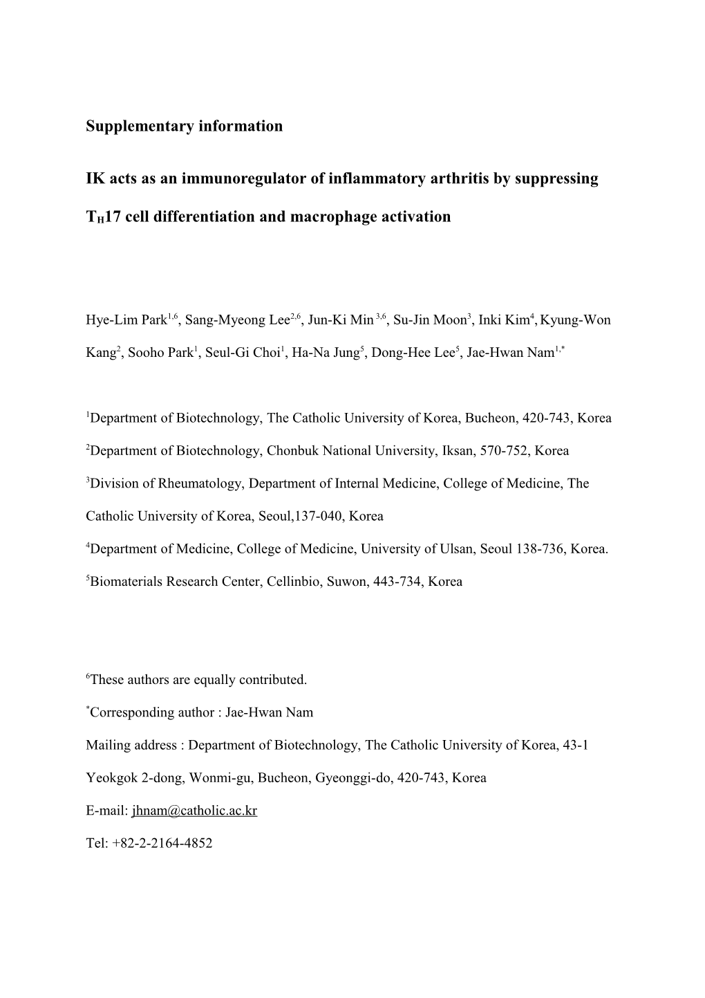 IK Acts As an Immunoregulator Ofinflammatory Arthritis by Suppressing TH17 Cell Differentiation