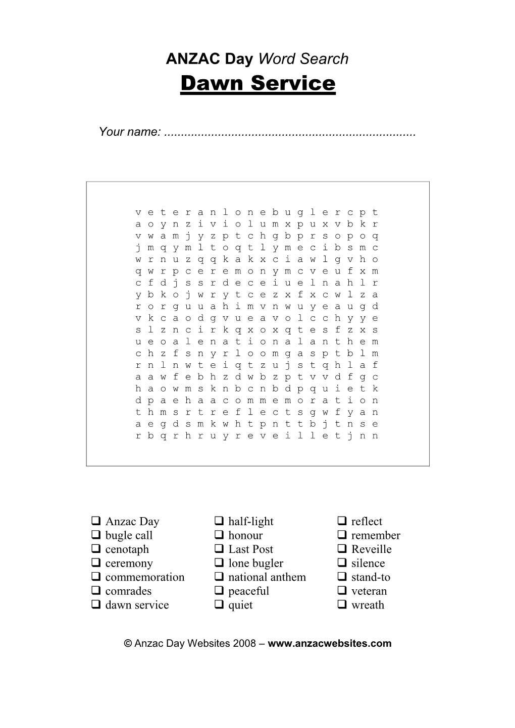 ANZAC Dayword Search