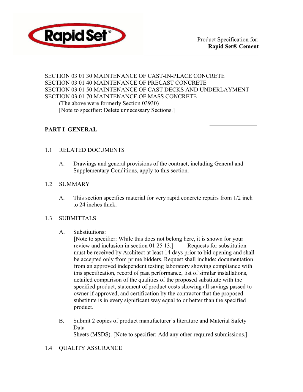 CSI Specification for Rapid Set Concrete Mix