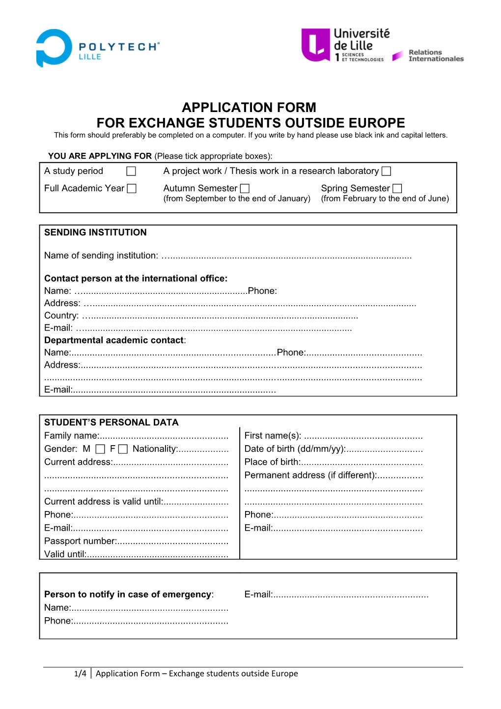 Application Form for Exchange Students Outside Europe