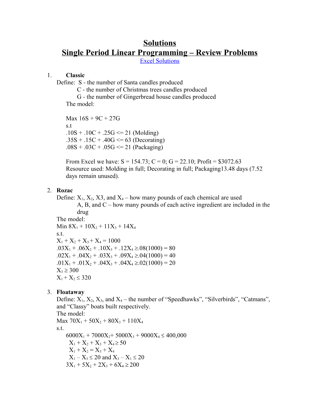 Single Period Linear Programming Review Problems