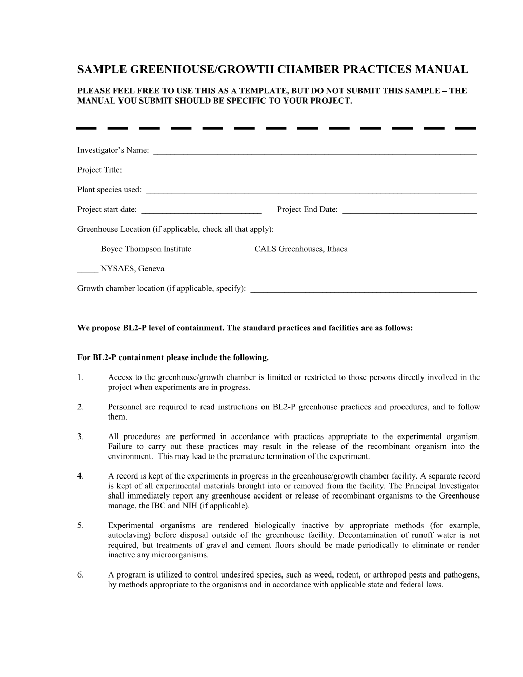 GREENHOUSE/GROWTH CHAMBER PRACTICES MANUAL (Sample)