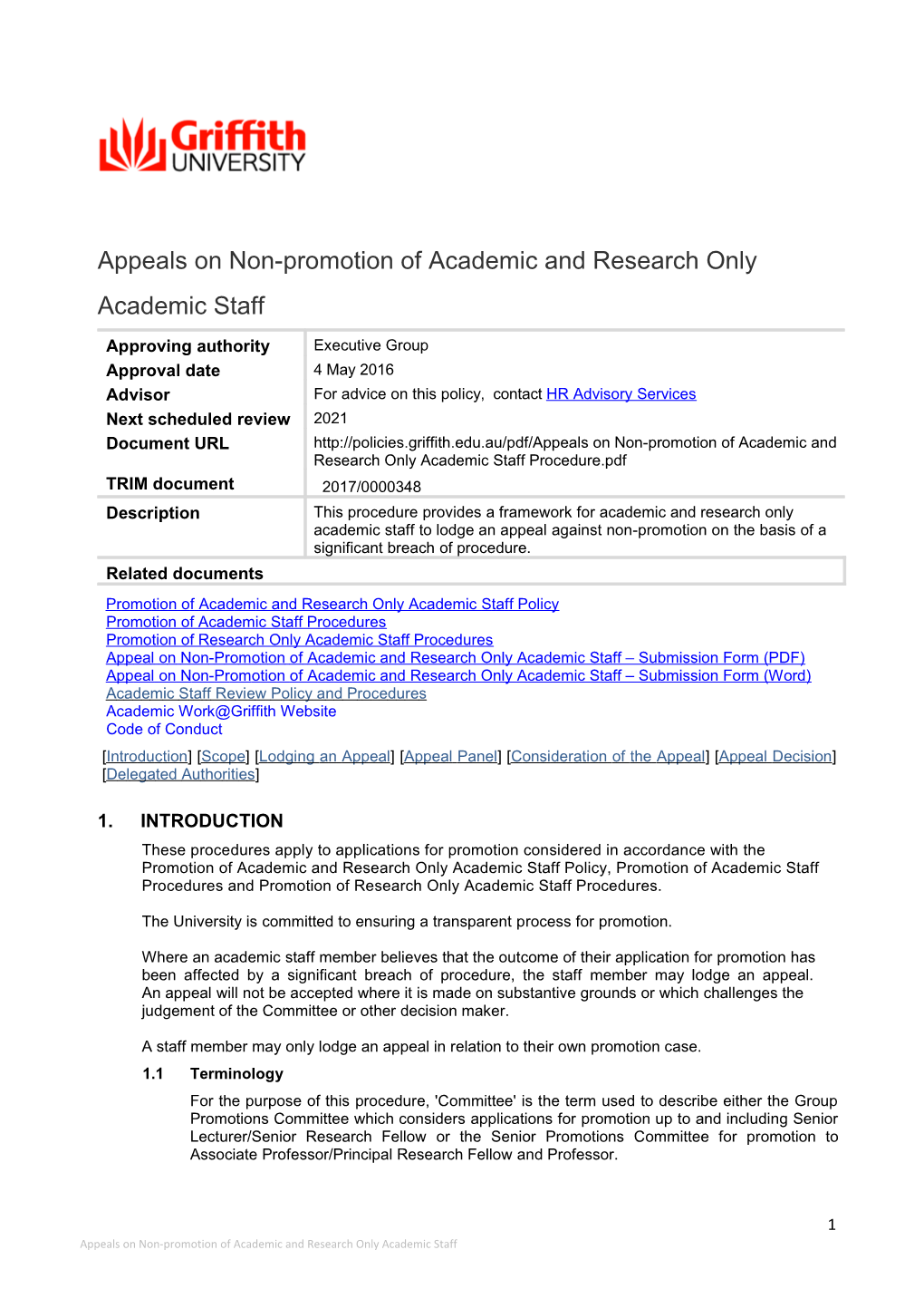 Appeals on Non-Promotion of Academic and Research Only Staff Procedure