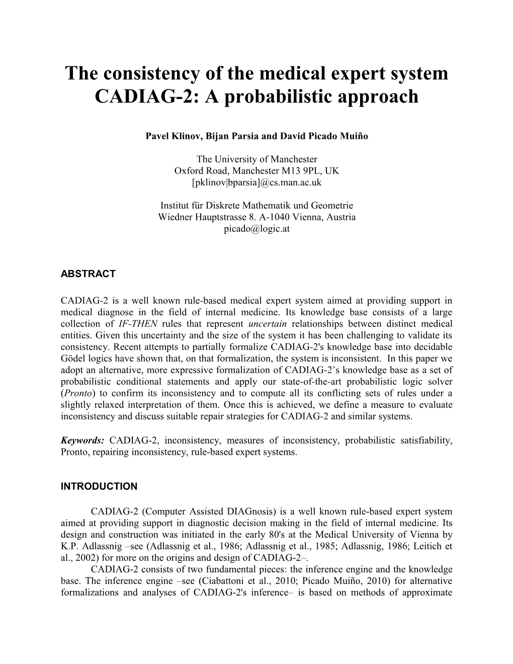 The Consistency of the Medical Expert System CADIAG-2: a Probabilistic Approach