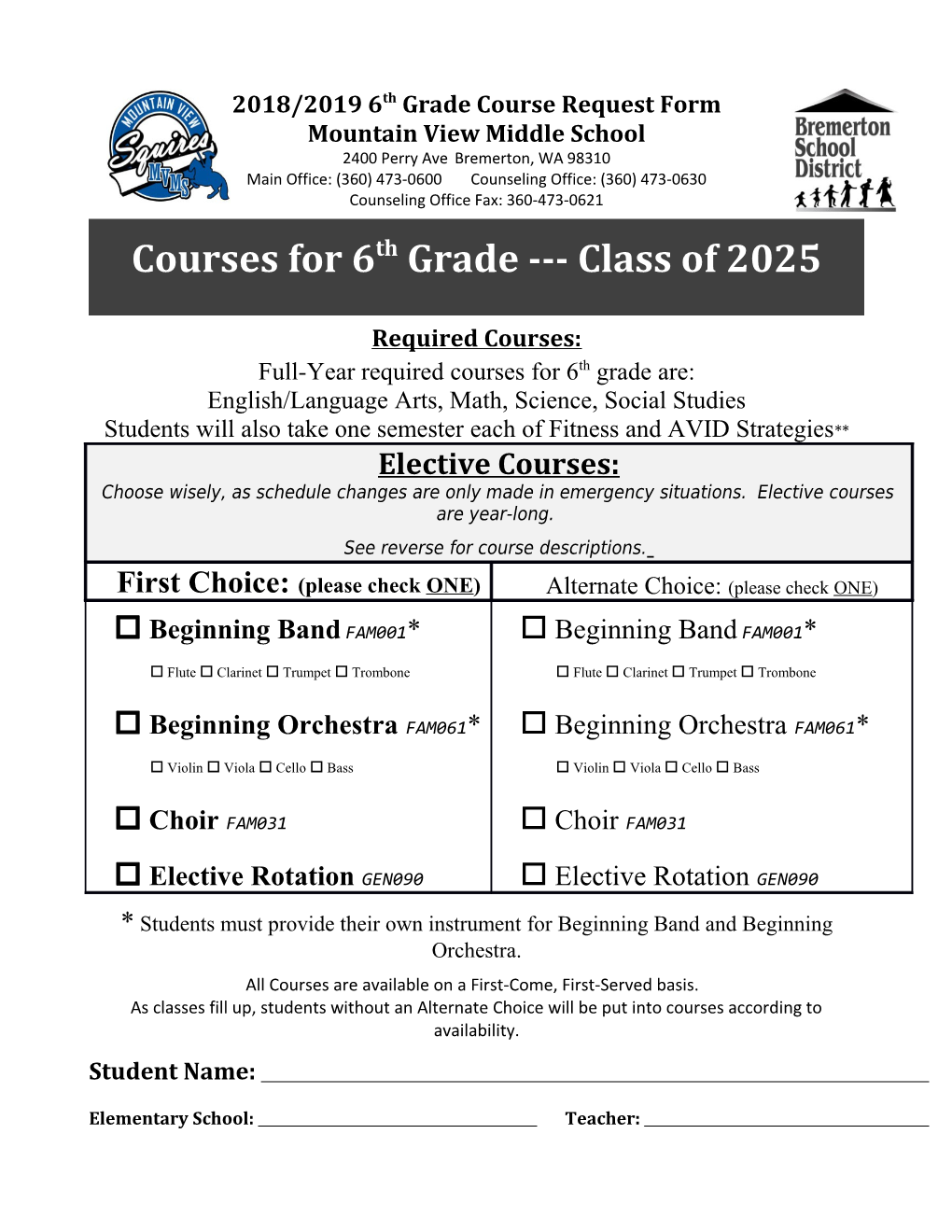 2018/20196Th Grade Course Request Form