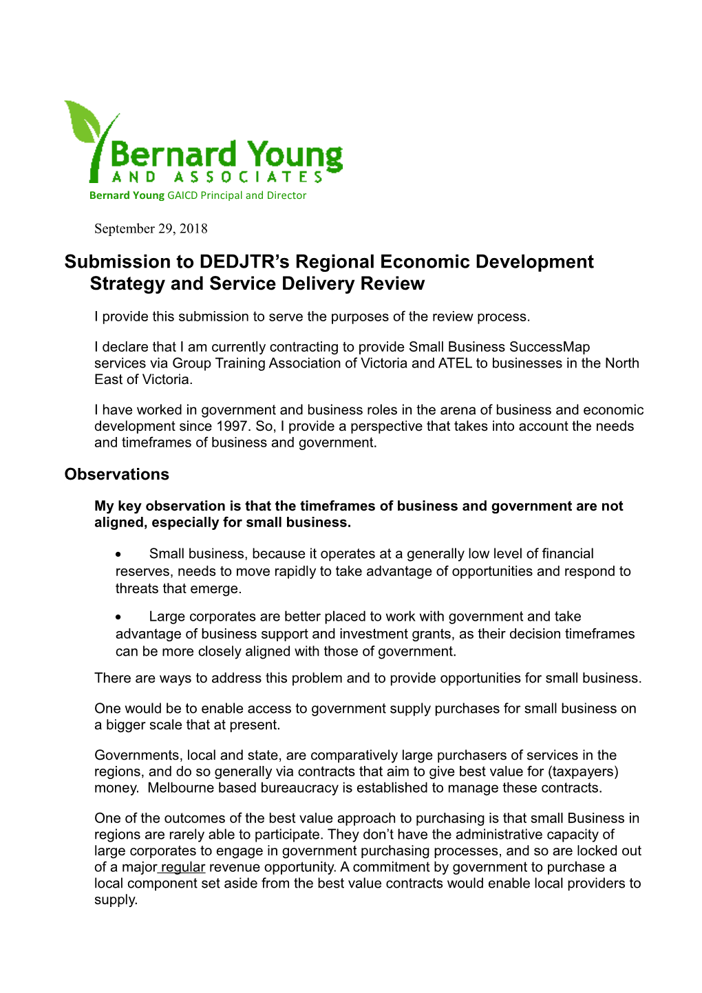 Submission to DEDJTR S Regional Economic Development Strategy and Service Delivery Review