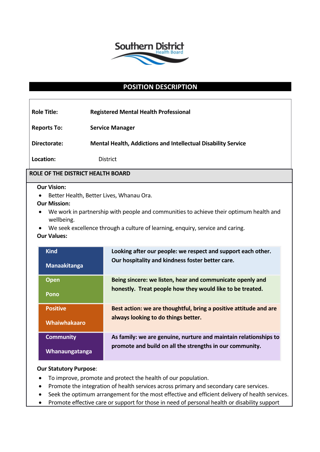 Role Title: Registered Mental Health Professional